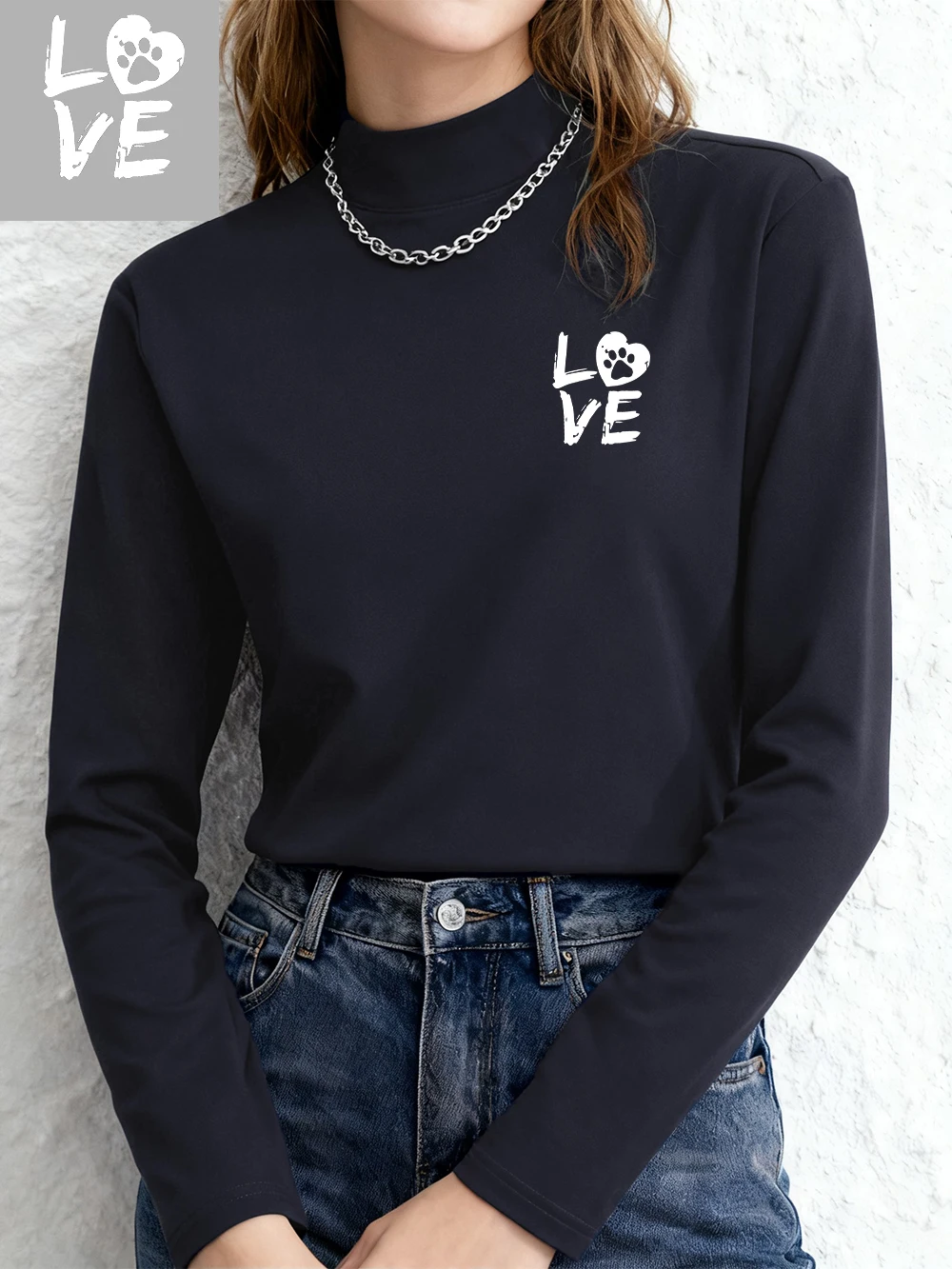 

Love For Cat Cute Paw Printing T-Shirts Women Winter Fleece Tops Warm Half Turtleneck Slim Fit Bottoming Shirt Fashion Clothes
