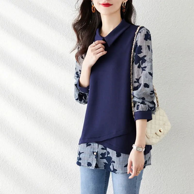 Women\'s Clothing Fake Two Pieces Shirt Casual Printed Spliced Spring Autumn Korean Loose All-match Stylish Asymmetrical Blouse