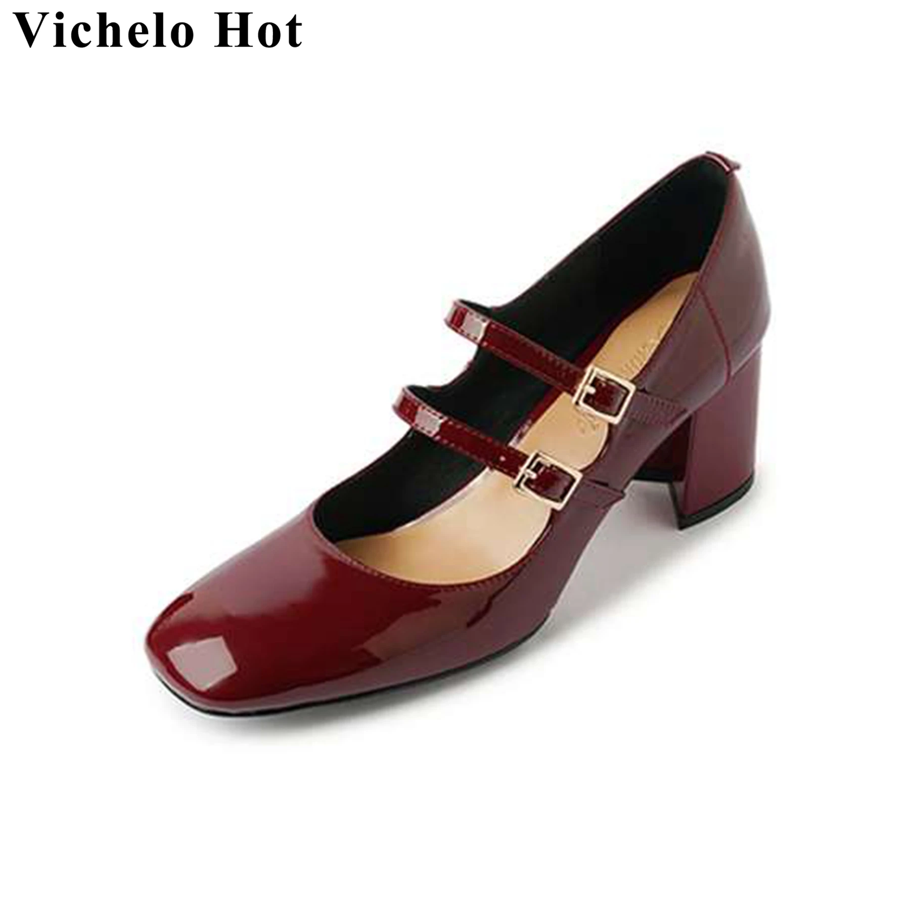 

Vichelo Hot Ins Cow Leather Buckle Strap Mary Janes Shallow High Heels Spring Autumn Shoes Elegant Party Office Lady Women Pumps