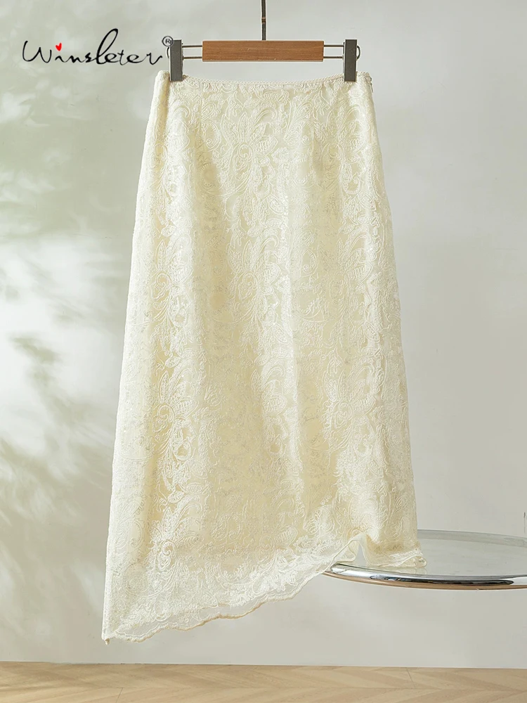 

Элегантная юбка Winsleter-Lining из 100% натурального шелка, с высокой талией, жаккардовым кружевом, женская французская нежная юбка-миди, Весна 2026 B63338CC