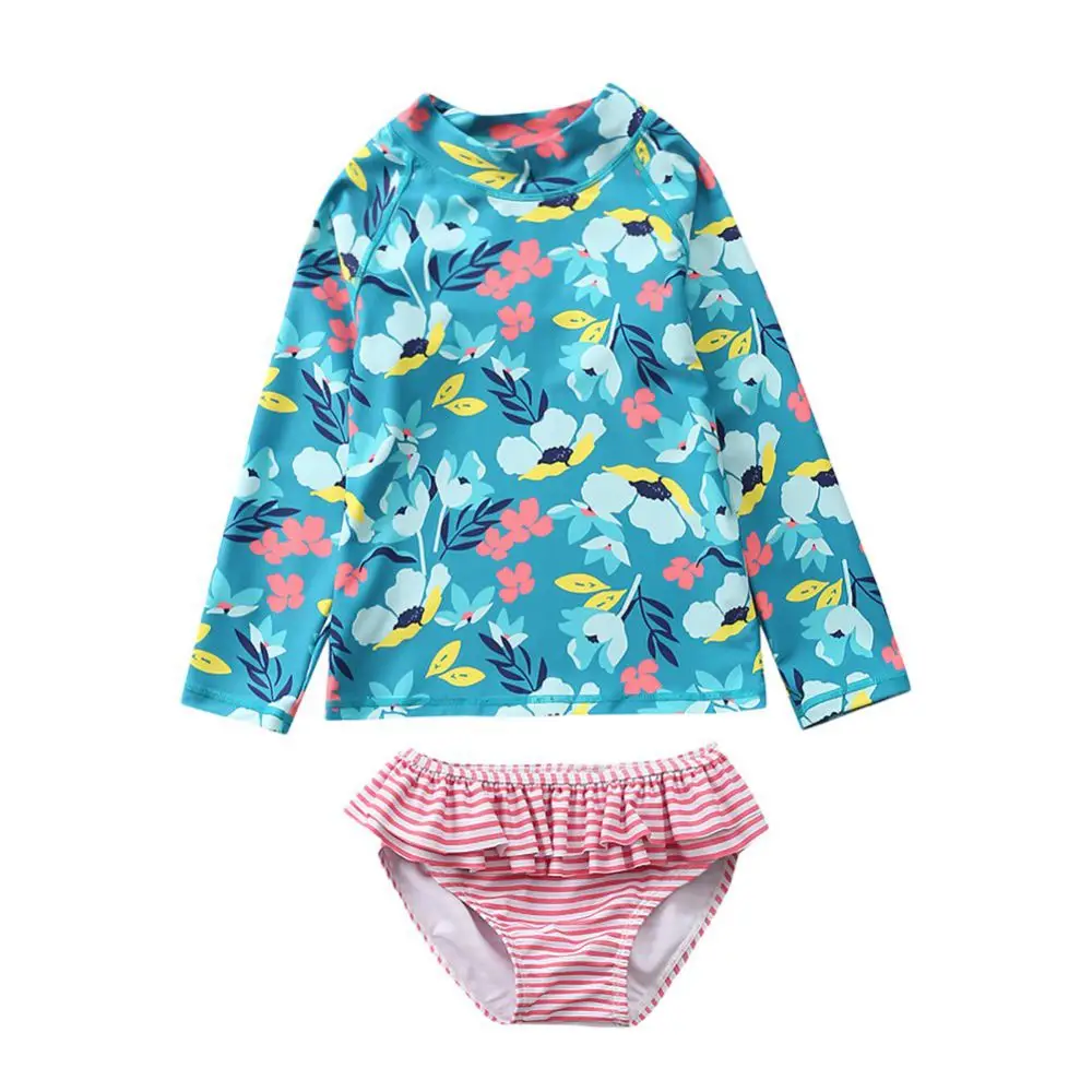 Children\'s Swimwear Baby Girls Two Pieces Swimsuit Set Long Sleeve Floral Bathing Suits Lovely Sun Protection Swimwear