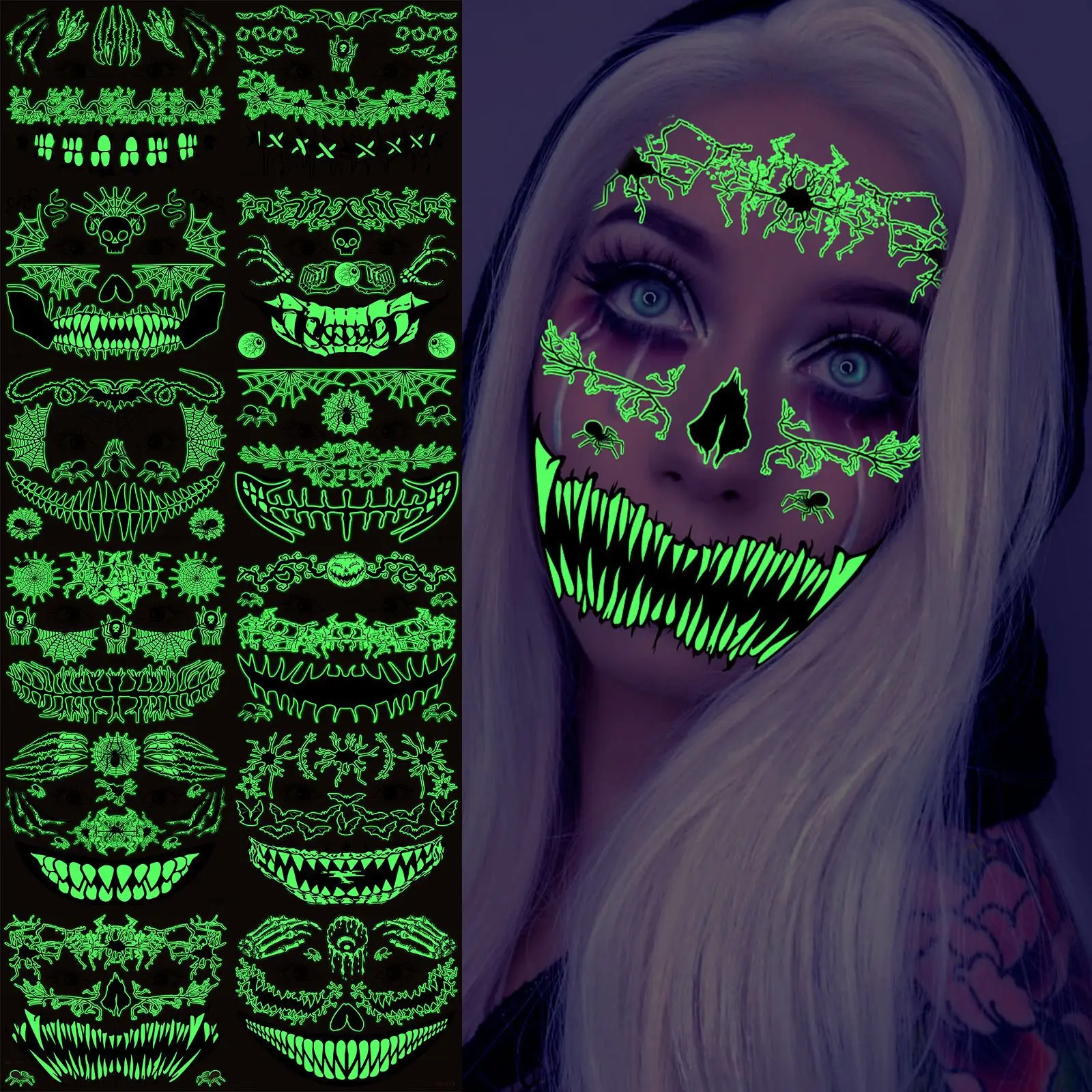 Funny Halloween Horror Mouth Luminous Tattoo Sticker Face Sticker Day of The Dead Scar Waterproof Sticker Ghost Festival Party