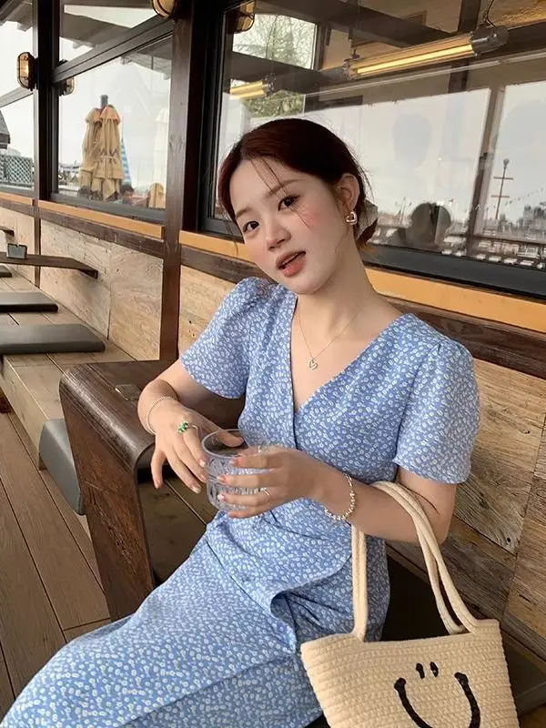 Loose Floral Print V-Ne Midi Dr Women's Summer Casual Sle High Waist A-Line Skirt Polyester Fabric ort Sve Dr