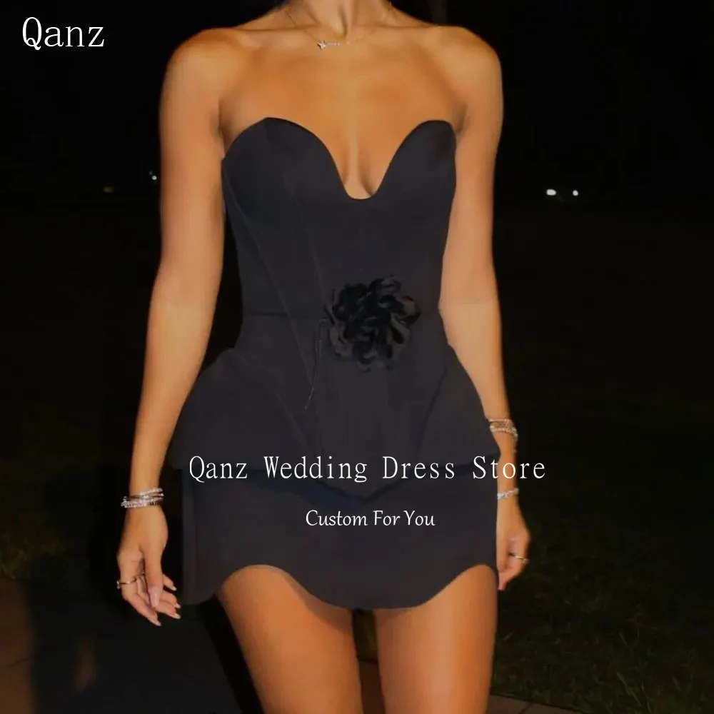 

Qanz Mini Black Prom Dress 2 Pieces Sweethert Satin Cocktail Dresses Flower Sexy Above Knee Vestidos De Graduación Customized