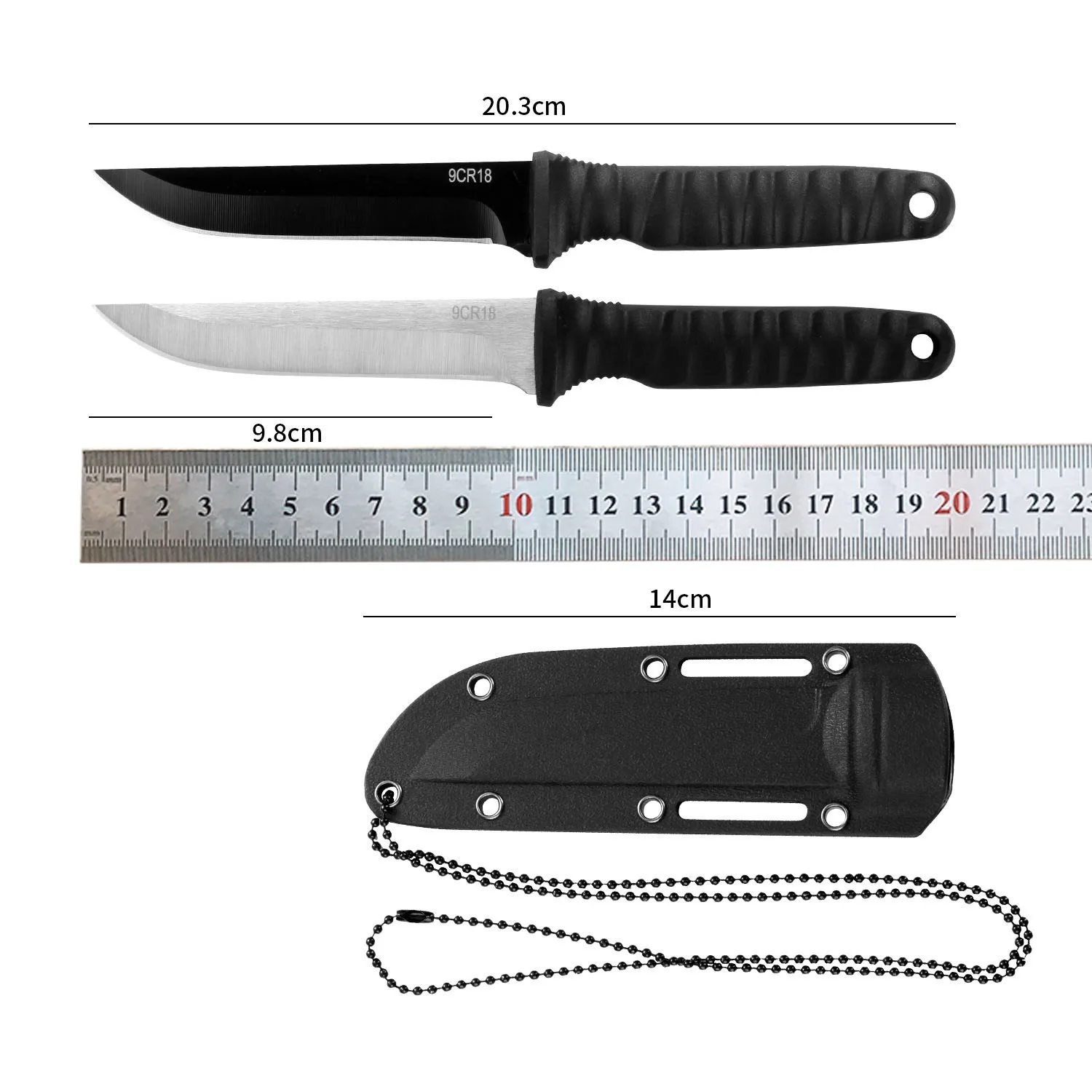 3CR13 Stainless Steel Outdoor Camping Fixed Blade Knife PP Handle Portable Carry Self Defense Survival Knives With Chain