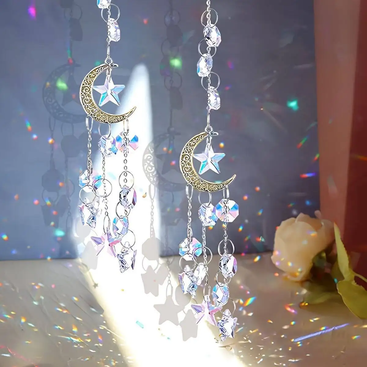 Moon & Star Crystal Suncatcher, AB Color Faceted Crystal Wall Hanging, Rainbow Light Catcher for Window Decor