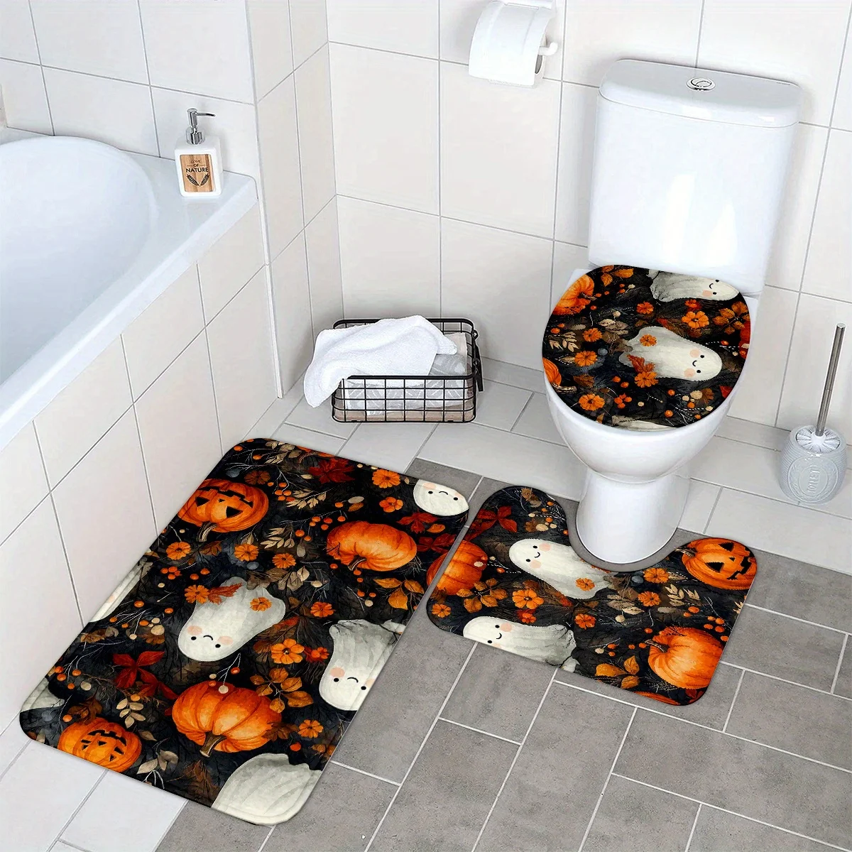 

3pc Halloween pumpkin series printed bathroom decoration, polyester fabric, non-slip mat, toilet seat mat, U-shaped mat,