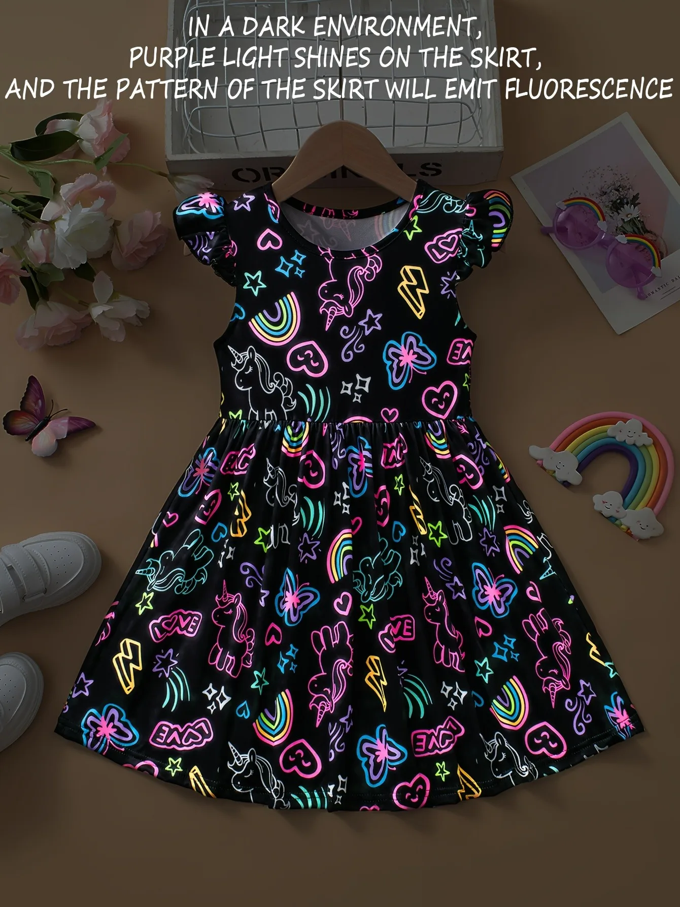 Sommerkleid für Kinder, Schwarz mit Neon-Grafik, Flatterärmel, Lässiges Sommerkleid, Mädchen A-Linien-Kleid mit Fluoreszenz-Print