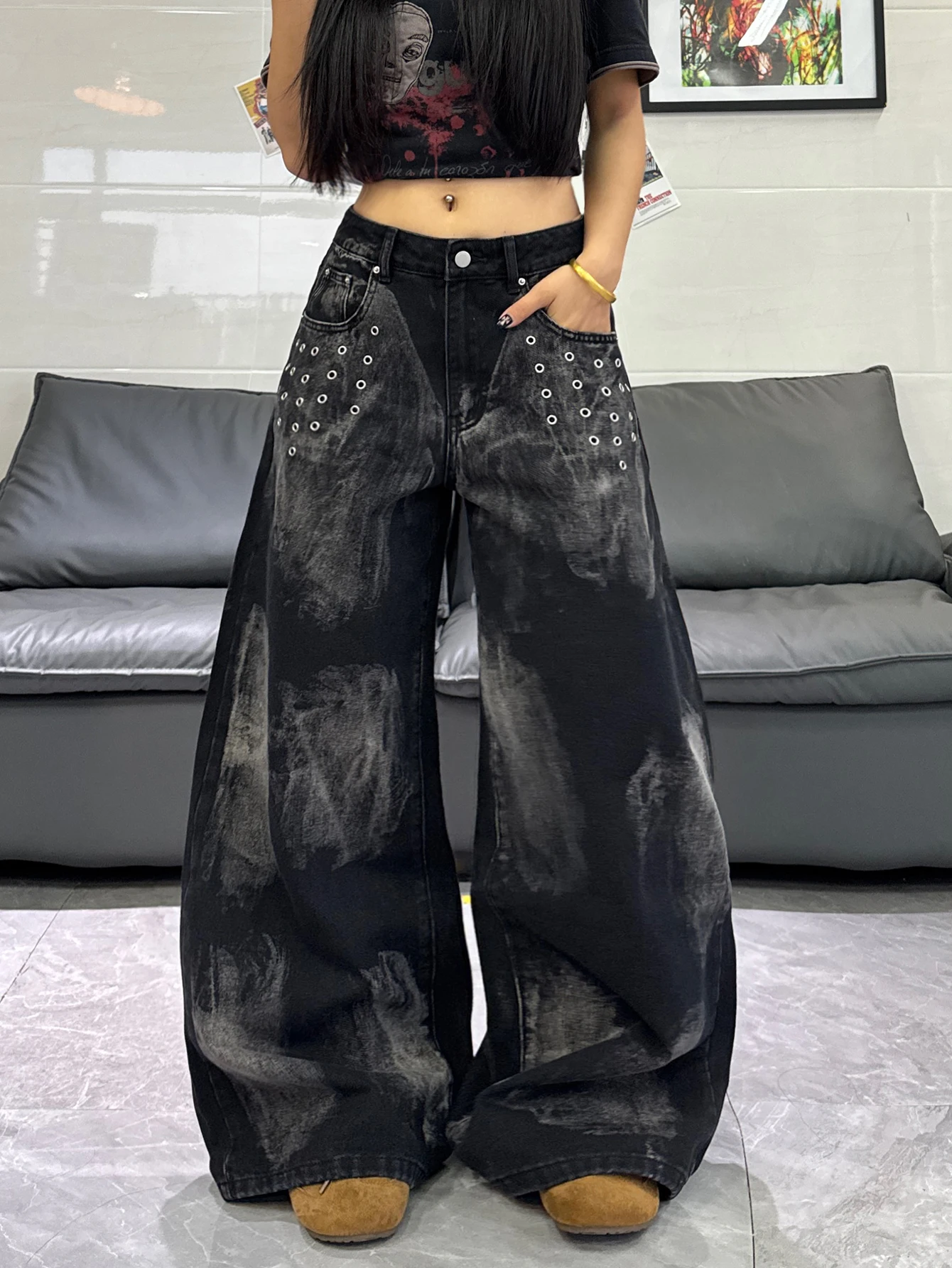 Women 2026 Summer Autumn Mid‑High Waist Wide Leg Y2K Jeans Tie‑Dye Washed Eyelet Decor Wear‑resistant Denim Street Trousers