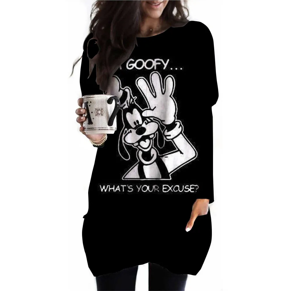 New Disney Goofy Women's T-shirt Casual Women's Pocket T-shirt Clothing Round Neck Pullover Oversized Sports Shirt Women's Autum