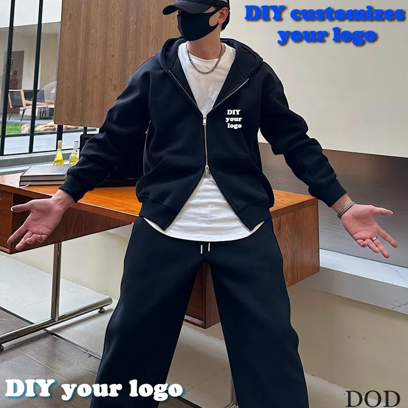 DIY customizes your logo for autumn and winter, new European and American casual zipper sports hat set, men's hoodie with pants