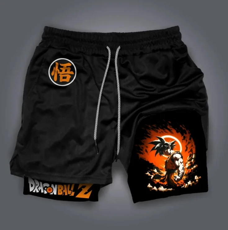 Pantalones cortos para correr de doble capa y de secado rápido, pantalones cortos de gimnasio con estampado de anime, pantalones cortos de entrenamiento flexibles para hombres.