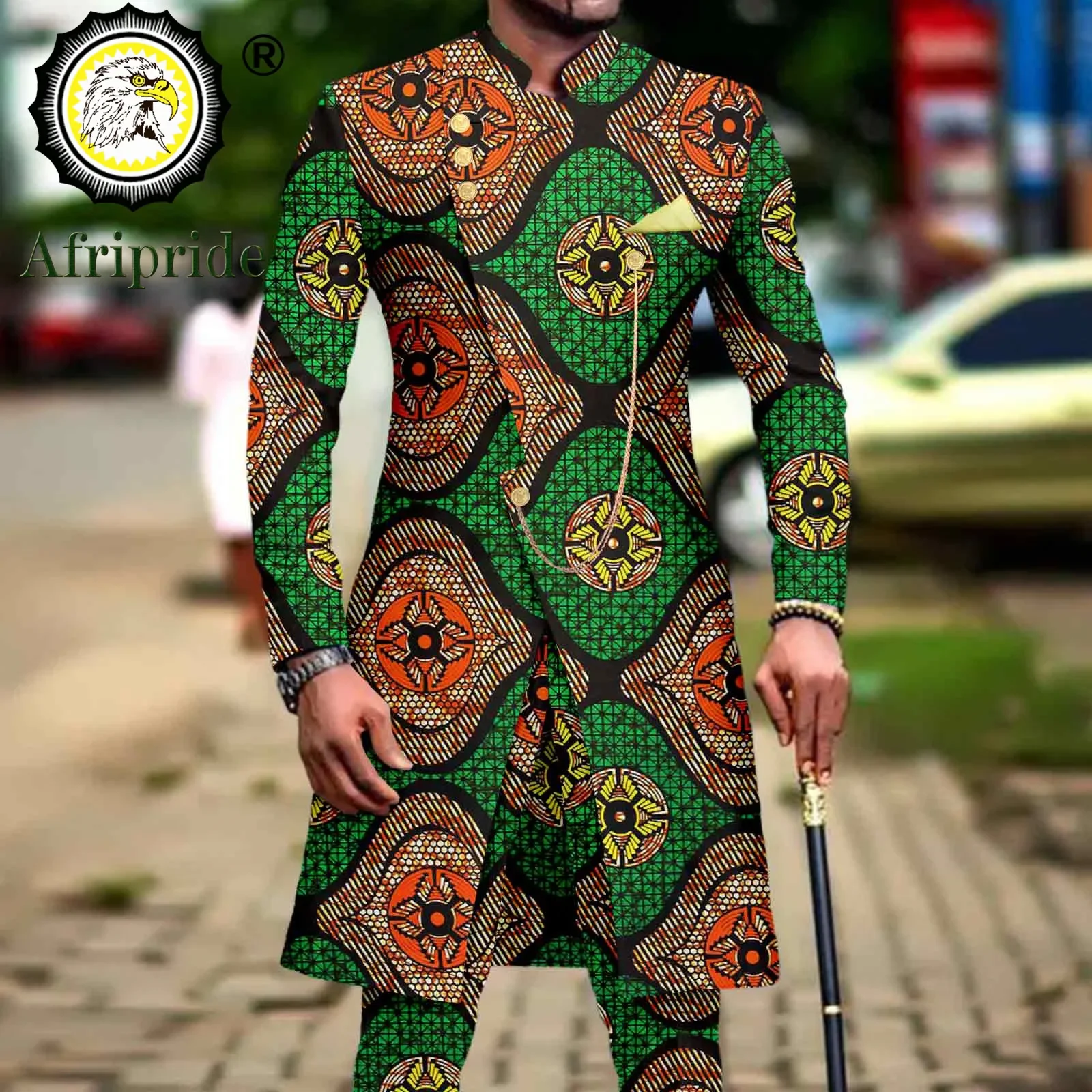 African Suits for Men Dashiki Embroidery Jackets and Print Pants 2 Piece with Kerchief Clothes Groom Wedding A2216037