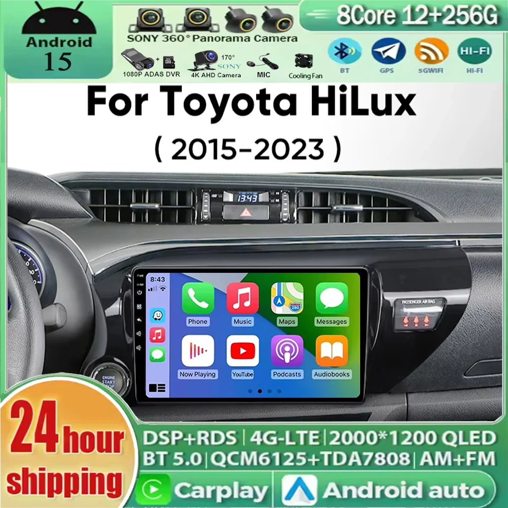 Android 16 Carplay&Auto For Toyota Hilux Pick Up AN120 2015 - 2023 LHD Car Radio Navigation Multimedia Stereo Player BT QLED GPS