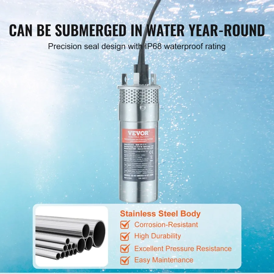 Solar Water Pump 12V DC 120W Submersible Deep Well Pump Max Flow 3.2 GPM Max  230 ft Max Submersion 98.4 ft Solar Powered Wate