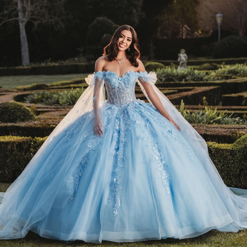 

2024 Sky Blue Shiny Quinceanera Dresses With Cape Ball Gown Applique Lace Beading Tulle Lace-Up Backless Party Princess Sweet 16