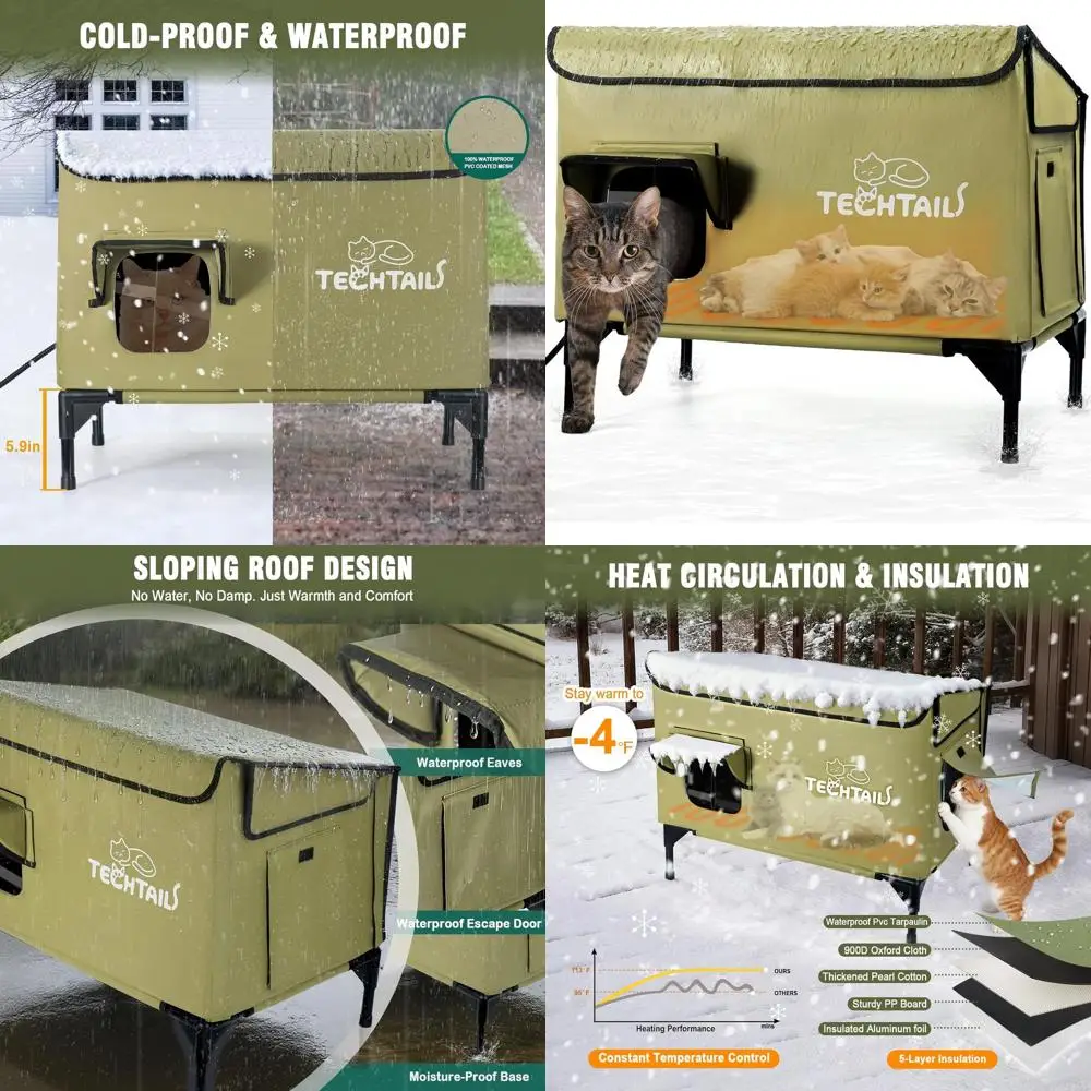 

Утепленный уличный домик для кошек со скатной крышей, удобной входной дверью и подогреваемой лежанкой для защиты от зимних холодов