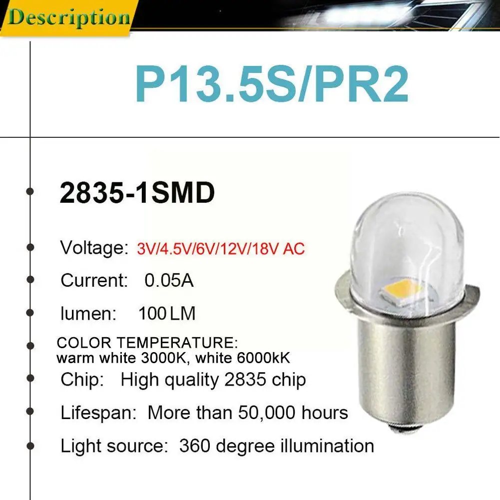 P13.5S Base LED Upgrade Bulbs White Maglite Flashlight White Replacement 3000K Work 6000K Bulbs White Lamp DC6V-12V Warm To H0N2