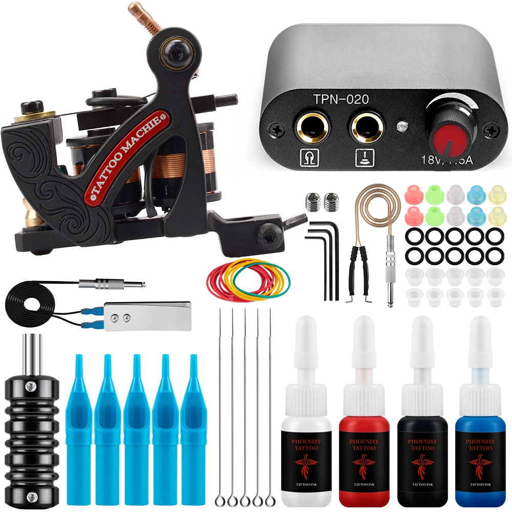 

Beginner Complete Tattoo Machine Gun Kit 4 Colors Permanent Tattoo Ink Set Power Supply Grip Cartridge Needles Makeup Tattoo Set