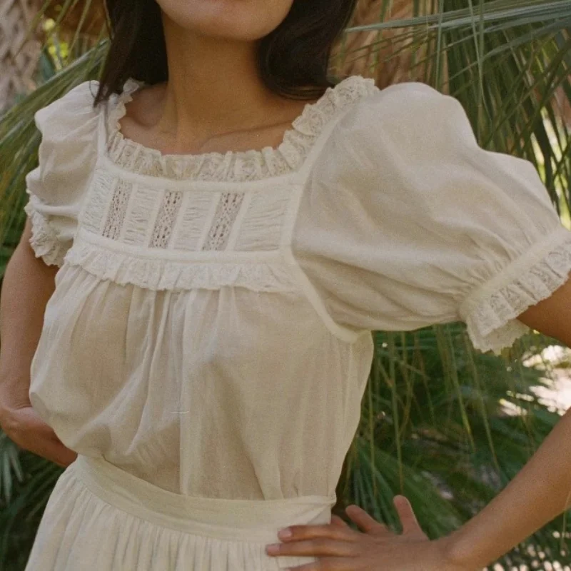 

2026 Y2K Solid Color Lace Hollowed Out Square Collar Splicing Short Sleeve Women