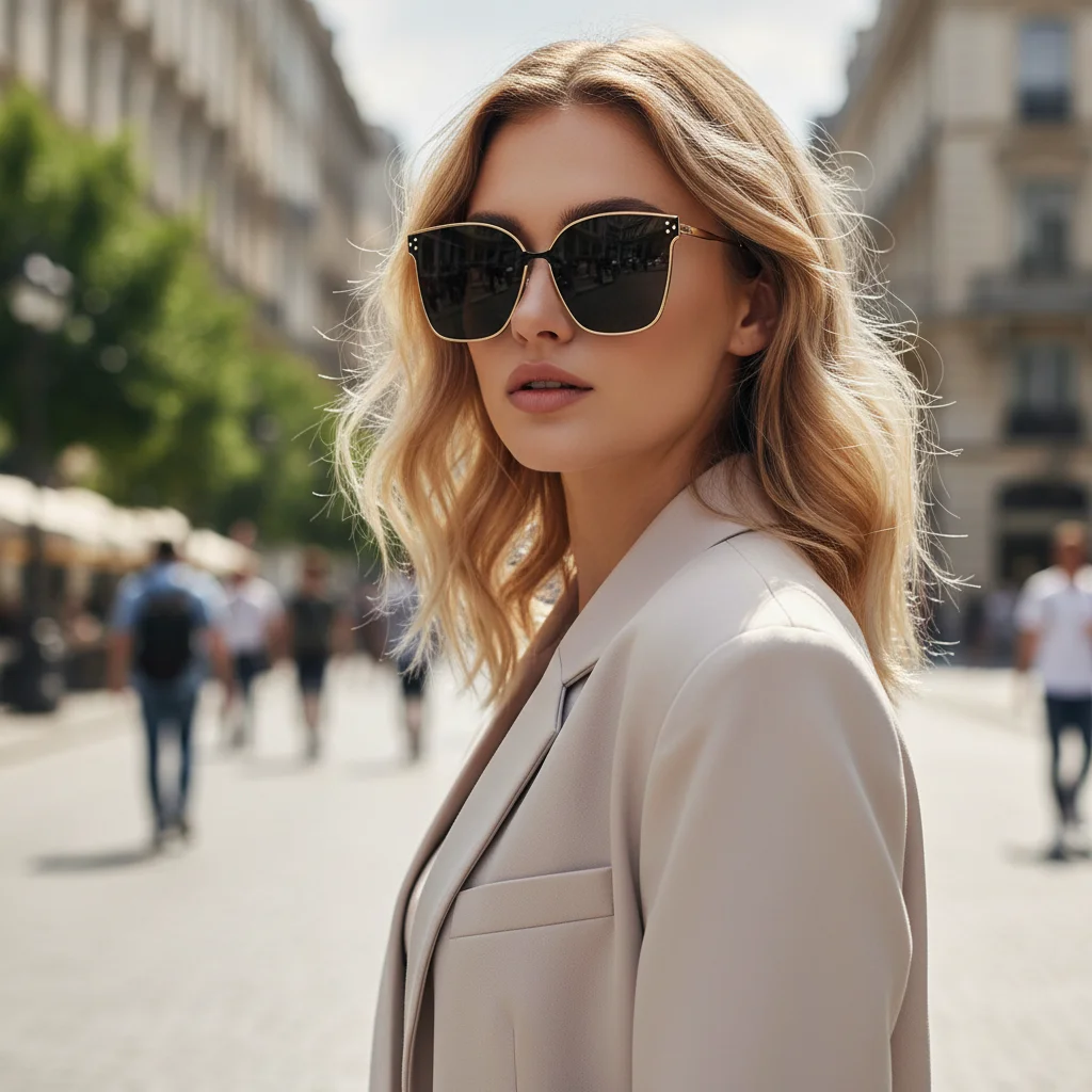 Trendige übergroße Cat-Eye-Sonnenbrille, dünner Metallrahmen & Gesichtsverschlankungseffekt für Streetwear-Stil 2251