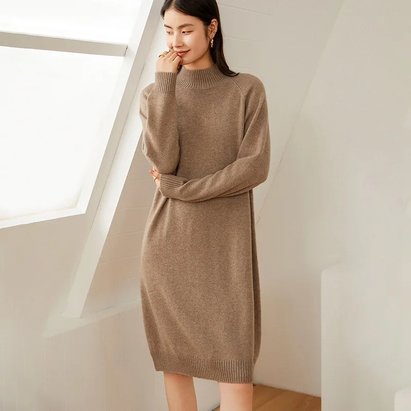 

Autumn and Winter New Half Turtleneck Cashmere Sweater Women's Loose Overknee Long Dress Knitted Base Sweater Dress