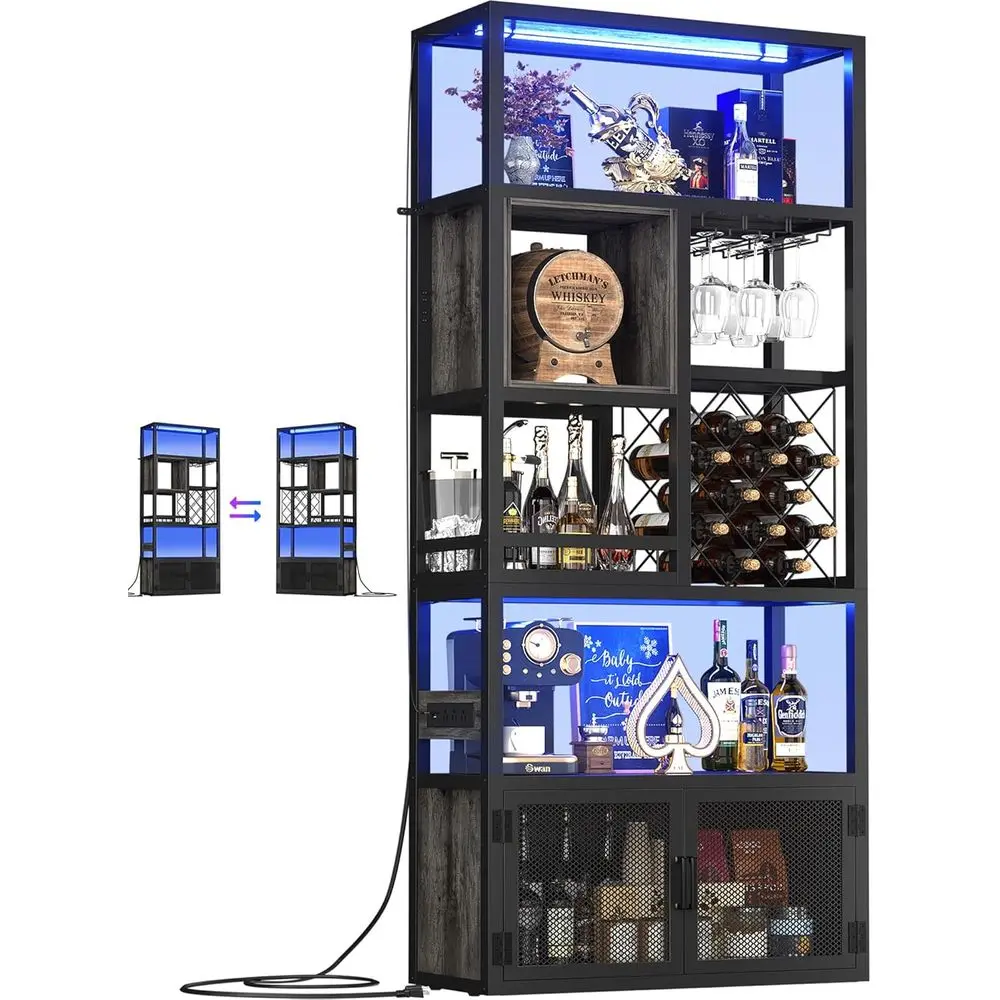 

82.6 Grey Oak Tall Bar Cabinet with LED Lights, Power Outlets, Reversible Coffee Station, Glass Holder & Wine Rack for Home Bar