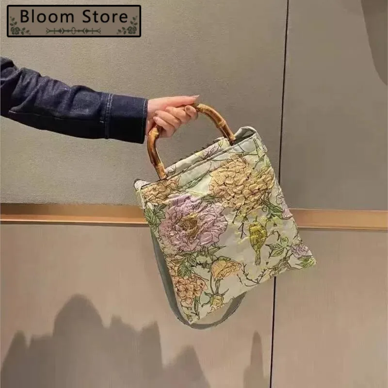 

Green Peony Tote Women Double Layer Bamboo Handle Large Capacity Shoulder Bags Ladies Vintage Elegant Gentle Crossbody Bag