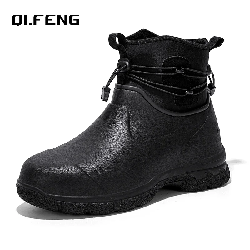 

Men's Rain Shoes Leather Top Thick Sole High Top Anti Slip Water Shoes Outdoor Mountaineering Plush Warm Boots Work Safety Boots