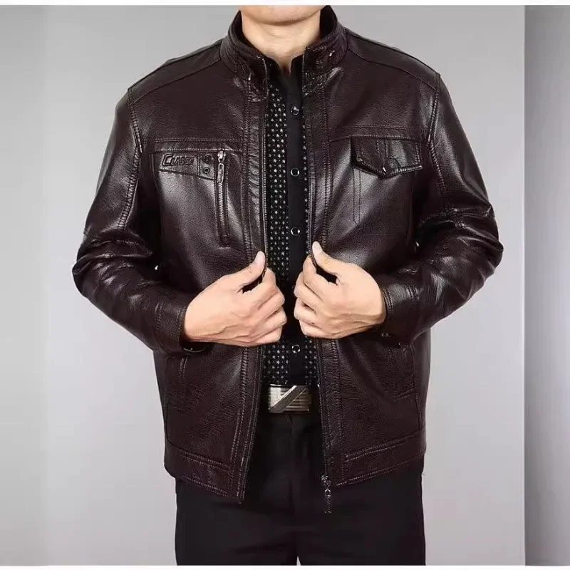 Autumn Winter Men Leather Jacket Fleece Warm Retro Business Casual PU Leather Coat Zipper Long Sleeve Windproof Outerwear New