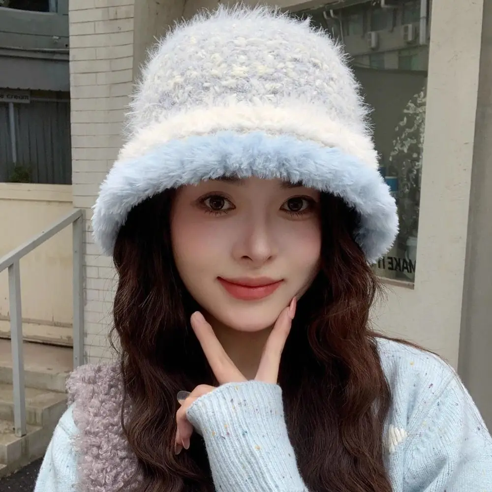 Polyester Fuzzy Fleece Bucket Hat 55cm To 59cm Head Circumference Striped Fleece Hat Warm Winter Fisherman Hat Face Slimming