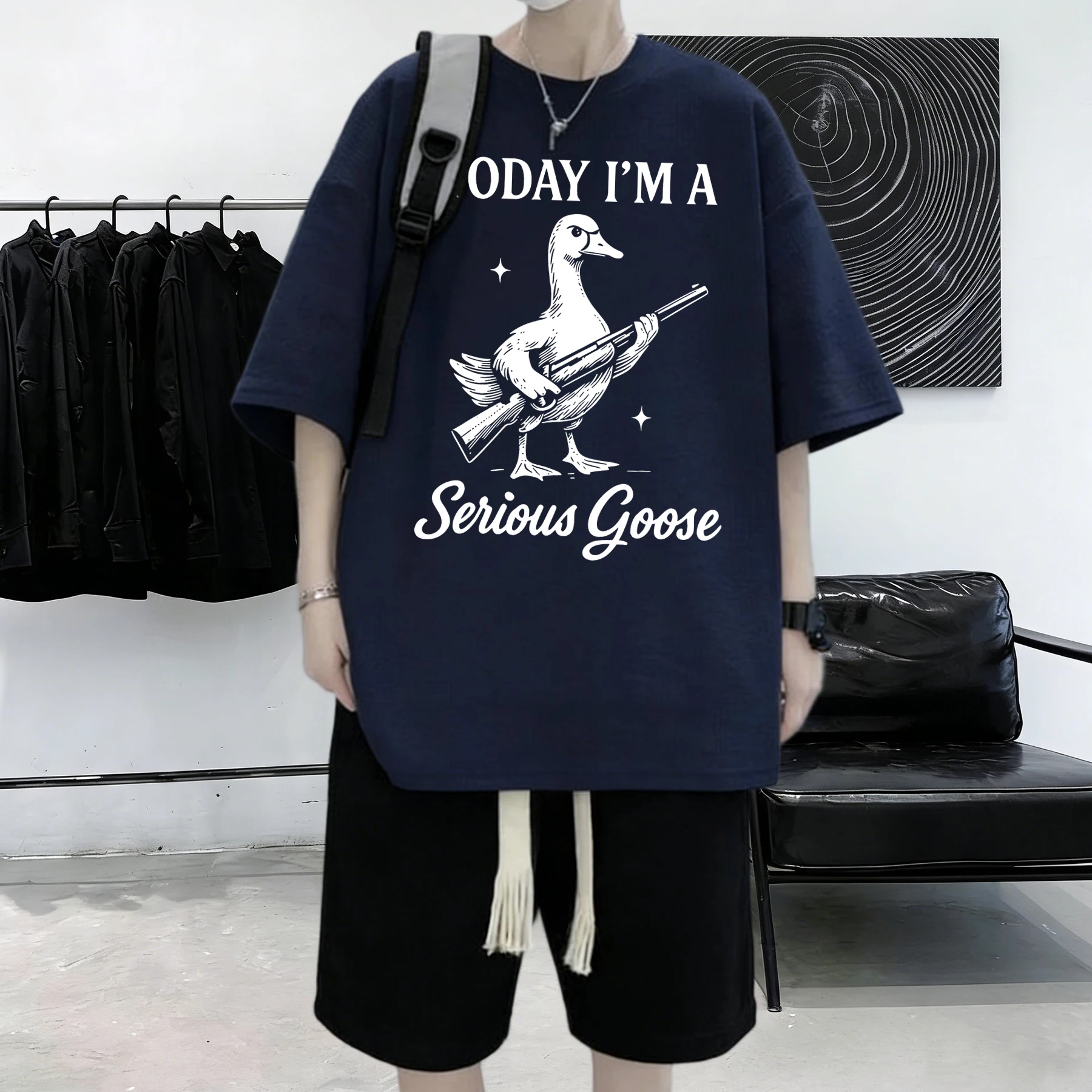 Today I Am A Serious Goose Pattern Cotton Simple Summer T-Shirts Mens Casual Vintage Short Sleeve Fashion Street Clothing
