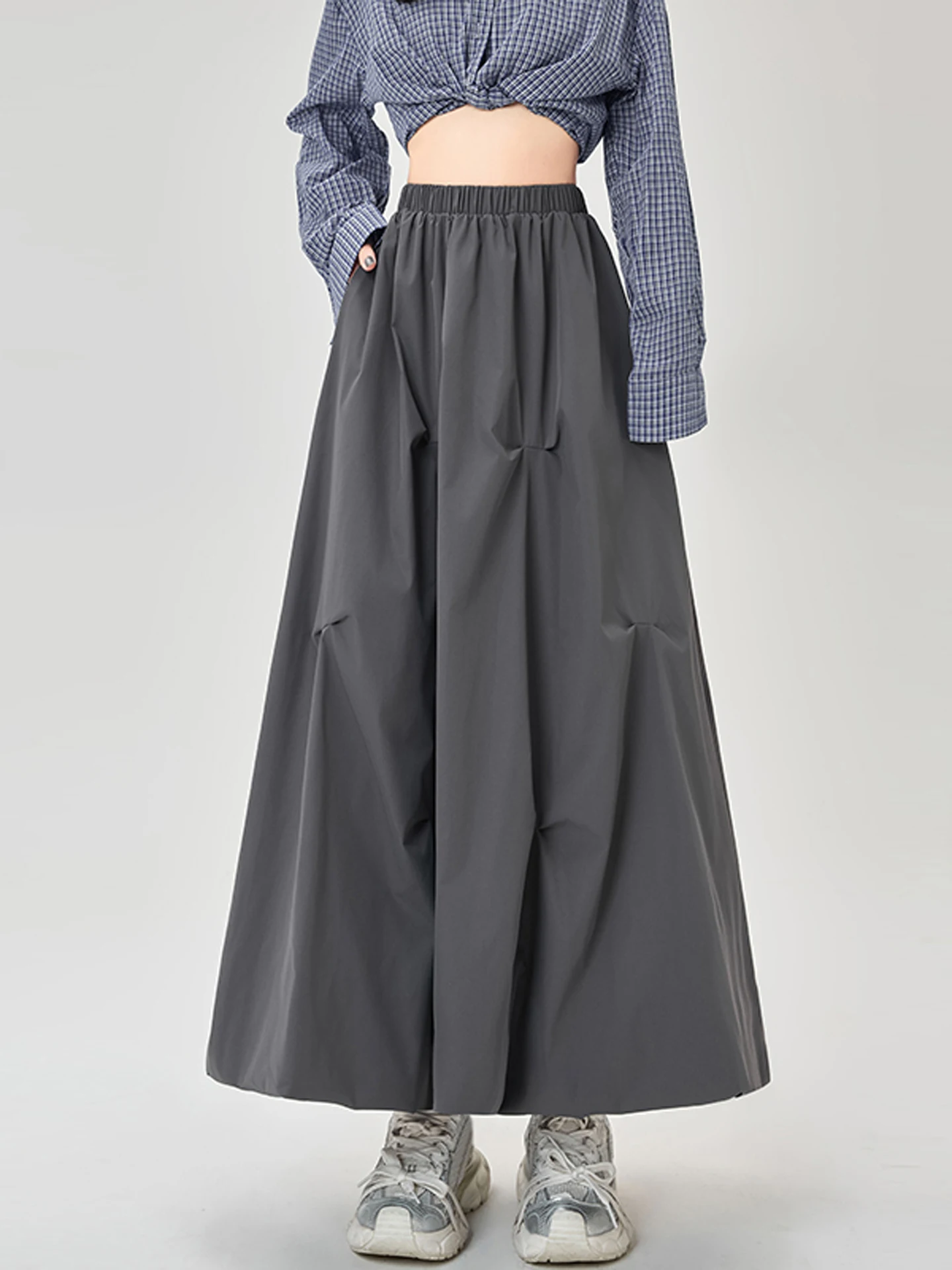 Gonna a trapezio con bocciolo increspato asimmetrico retrò Gonna longuette sottile a vita alta Ampia svasatura Primavera Autunno Gonne versatili multicolori