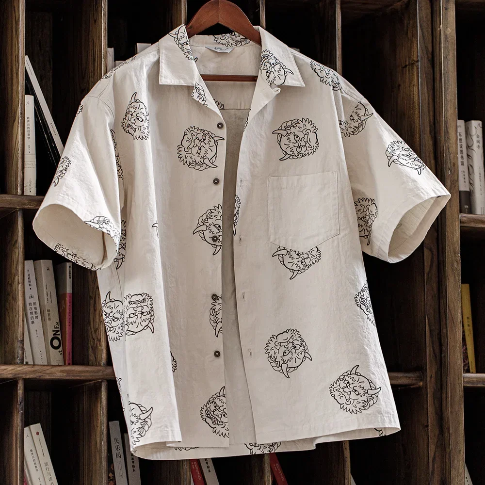 Maden Retro Japanese Printed Shirt Cotton and Linen Loose Beige Short-sleeved Shirts for Men's Summer Fashion Tops