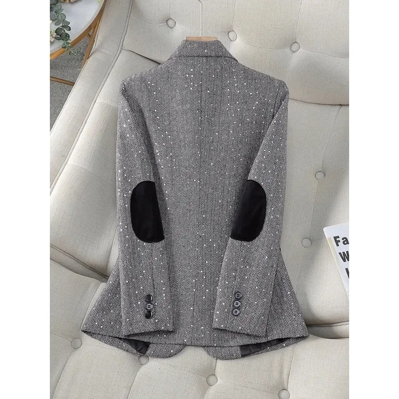 Fashion Autumn Winter Women Blazer Gray Coffee Female Long Sleeve Single Breasted Ladies Casual Jacket Coat