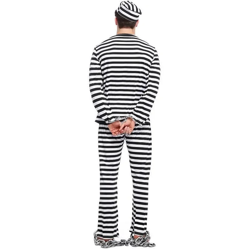 Halloween Gevangene Kostuum Cosplay Performance Kleding Gemaskerd Gevangene Vermomming Kostuum Zwart Wit Streep Jailbird Set