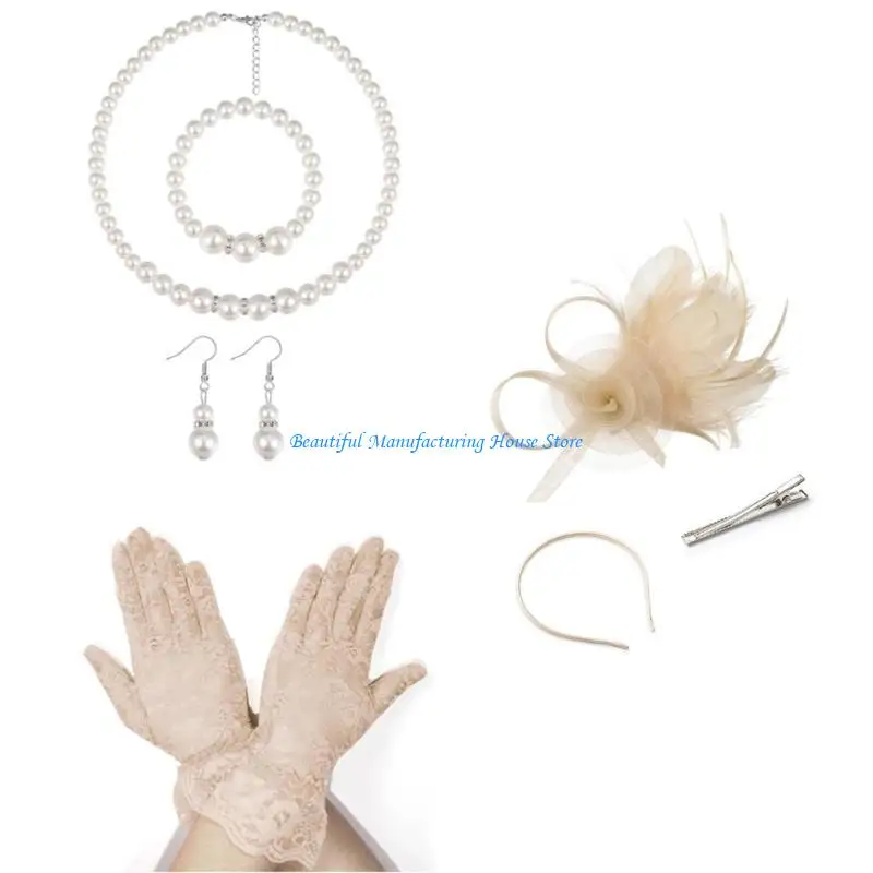E56A Stylish Lace Fascinator Necklace Earrings Set for Proms and Themed Celebrations