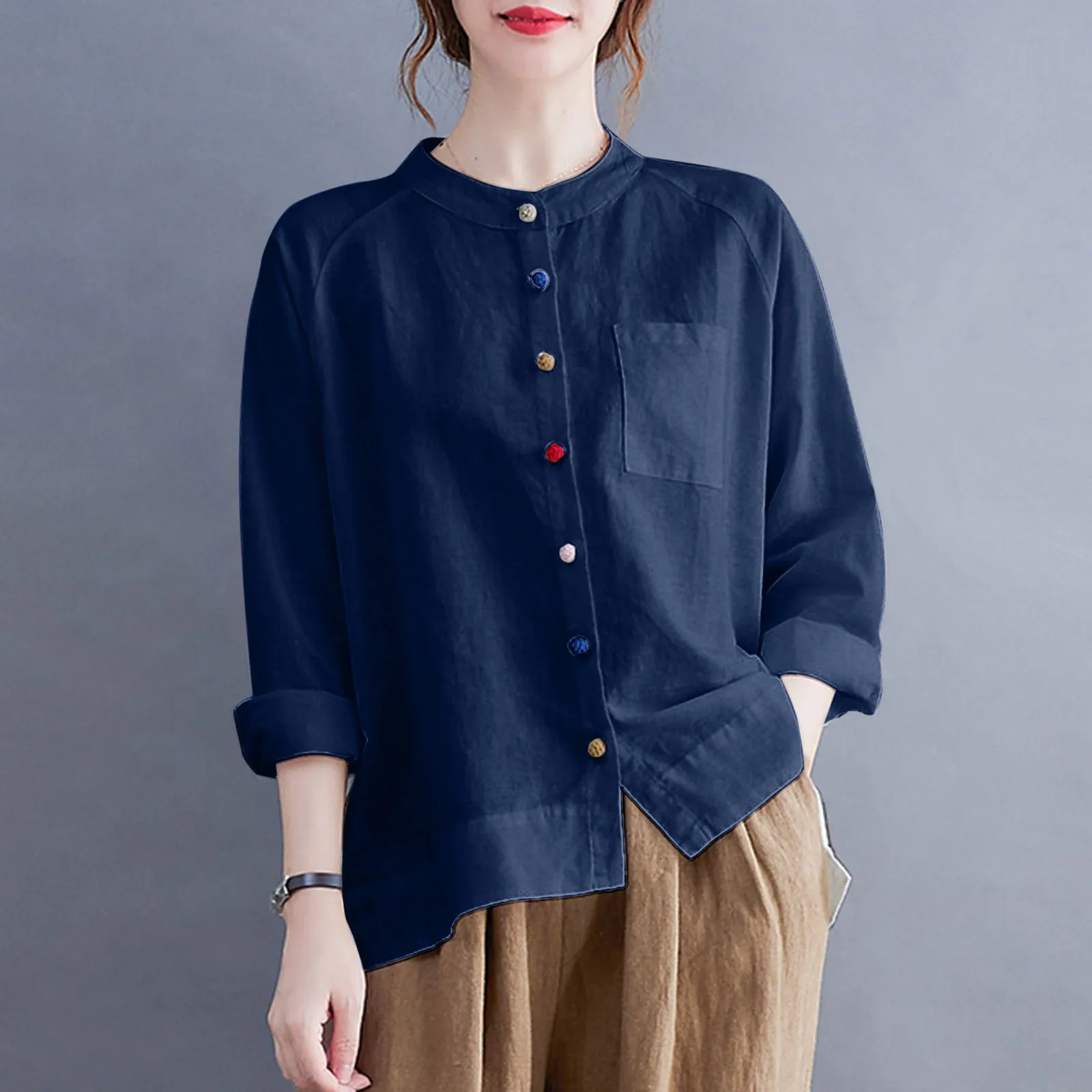 Women\'s Shirt 2024 Summer New Fashion Colourful Button Retro Art Shirt Solid Colour Round Collar Casual Loose Pocket Blouse Tops