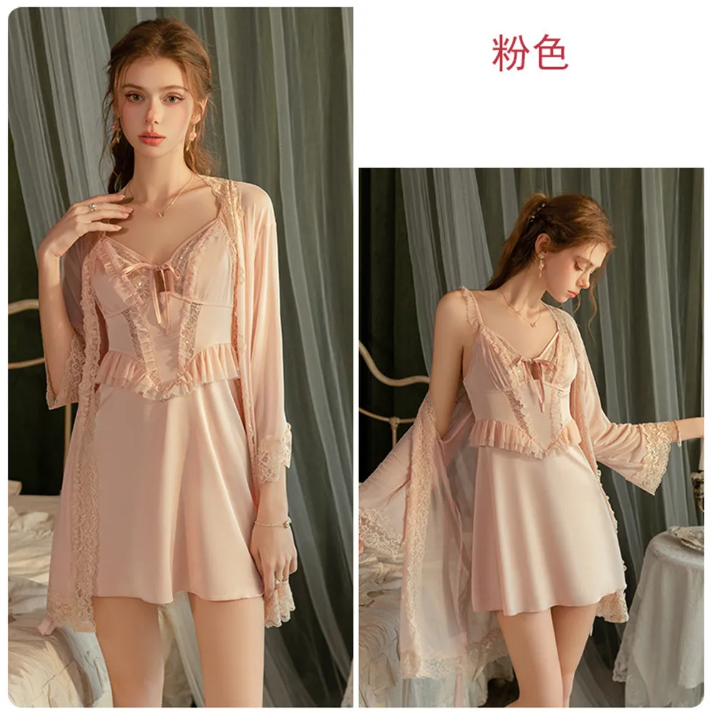 Pink Lace Robe Set Women Summer Sleepwear Kimono Bathrobe Gown Casual Sleep Suit Sexy Home Dress 6