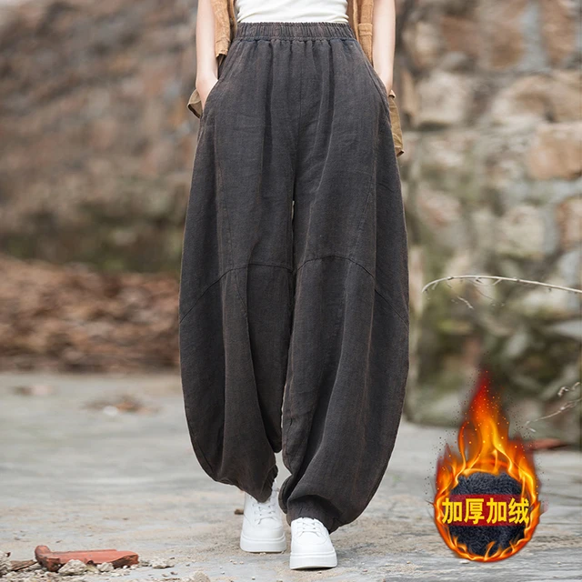Women Cotton Linen Baggy Cargo Pants Vintage Elastic Waist Loose Casual Long Wide Leg Oversize Trousers M262