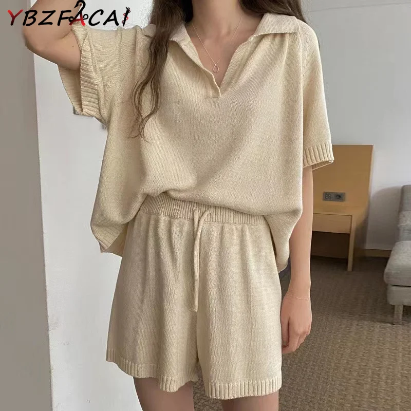 

2024 Summer Shorts Set Women Polo Neck Short Sleeve Knit Top + Elastic Waist Shorts Daily Casual 2 Piece Set KoreaBlack Knit Set