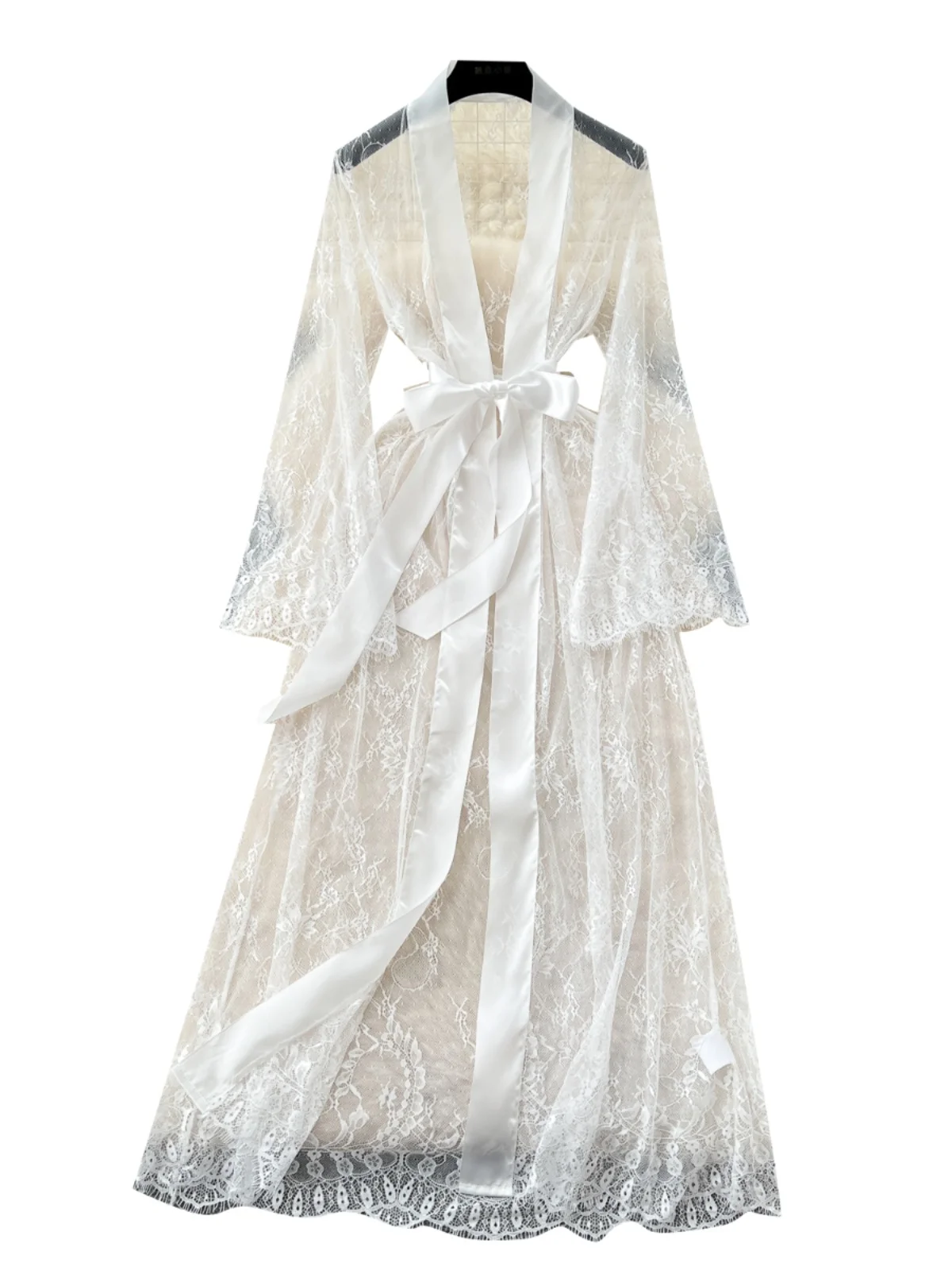 2026년 신상 가을 여성 섹시 우아한 플레어 슬리브 레이스 가디건 솔리드 컬러 리본 레이스업 루즈 캐주얼 롱 얇은 탑