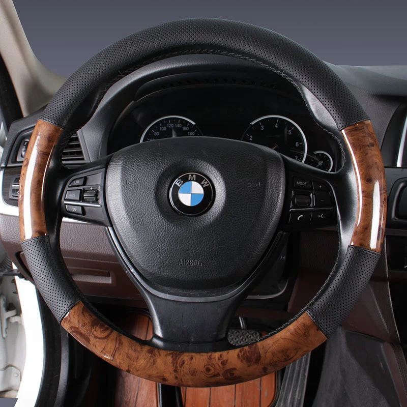 Peach Wooden Grain Car Steering Wheel Cover Wood Leather Steering Wheel Grip Handle Case A Cover For Steering Wheel Protection