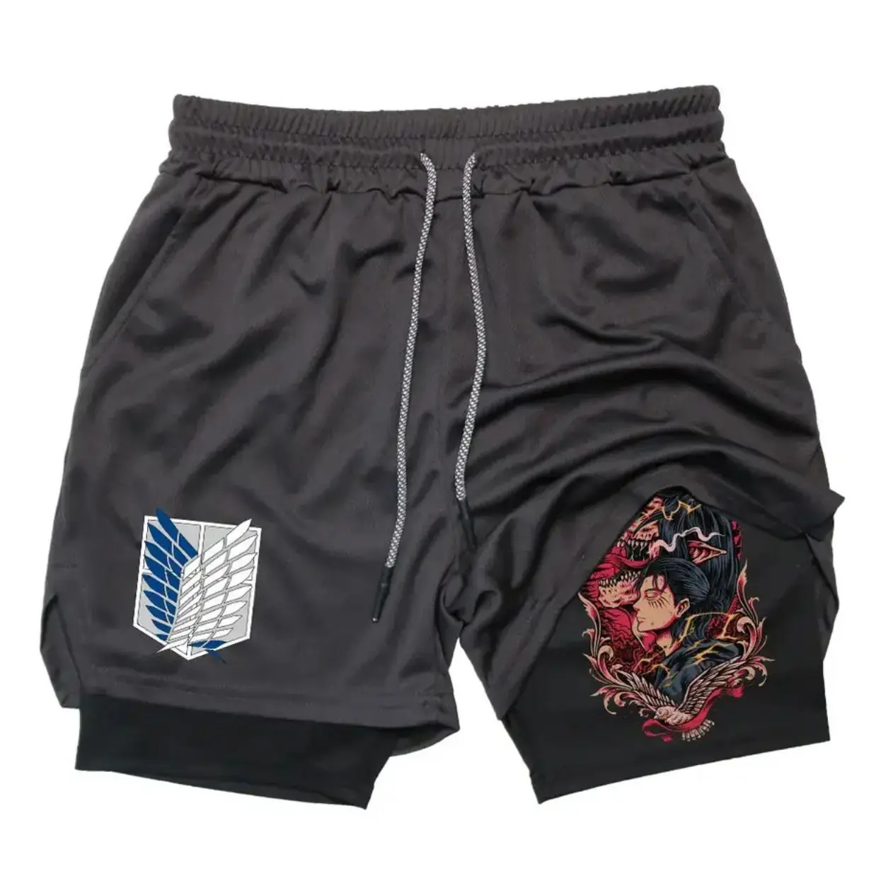 شورت رياضي من مجموعة Attack on Titan - طباعة شخصية الرسوم المتحركة مع رباط قابل للتعديل وشعار جناح