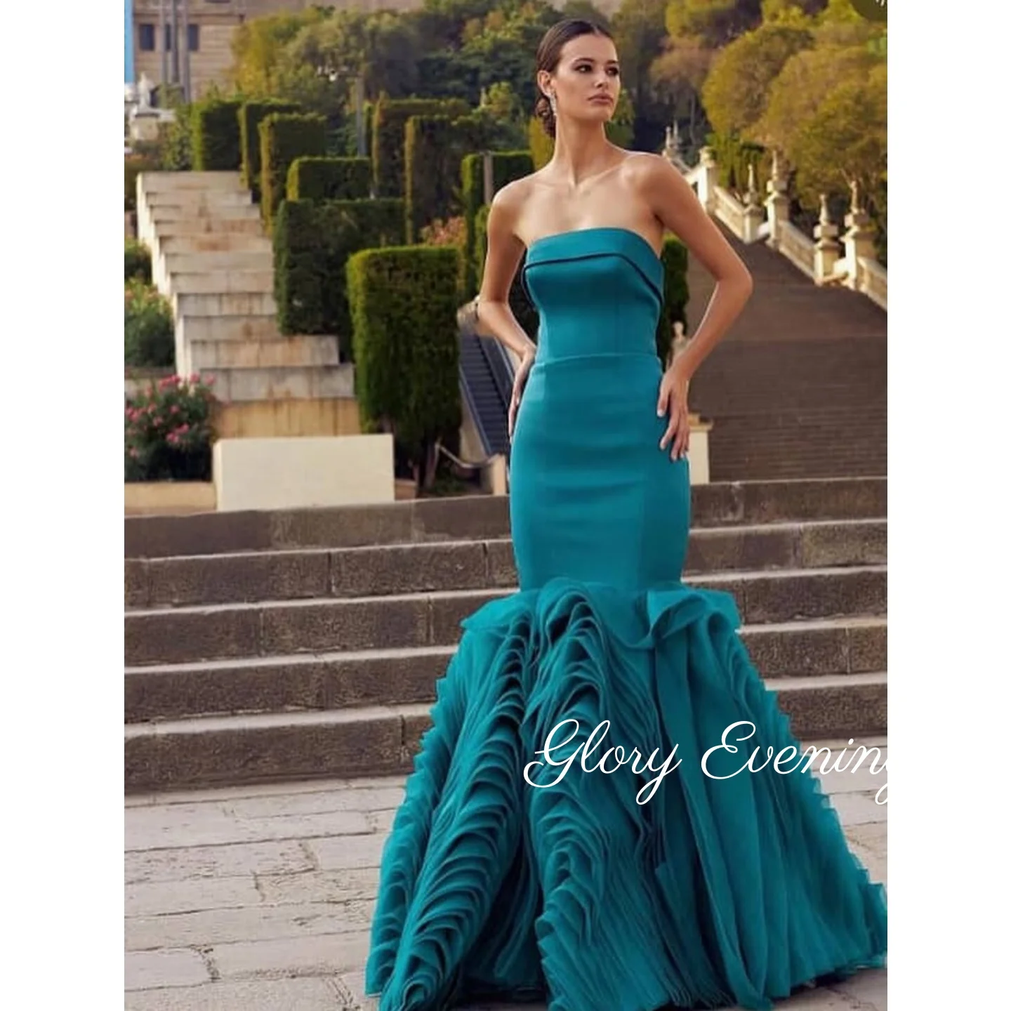 

Strapless Blue Mermaid Evening Dress Sleeveless Green Prom Dress High quality Saudi Arabia Wedding Party Dress Customized