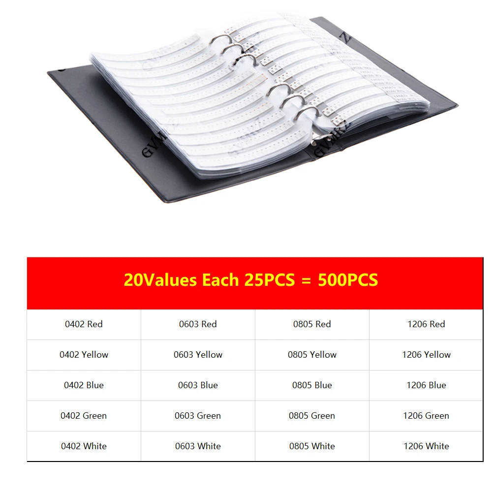20Values 500/1000PCS Red White  0402 0603 0805 SMD LED Light Emitting Diode Kit book Miniature LED Red White Yellow Green Blue