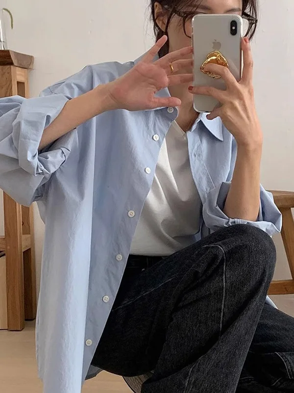 

Blue Casual Shirt Women's Long Sleeve Layering Top Spring Autumn Korean Style Loose Fit Button Detail Polyester Fabric