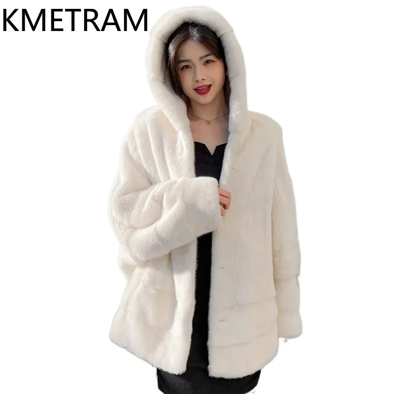 KMETRAM 100% Mink Fur Jacket Woman Luxury Batwing Sleeve Real Fur Coat with Hood 2025 Winter Coats Women Clothing шуба женская