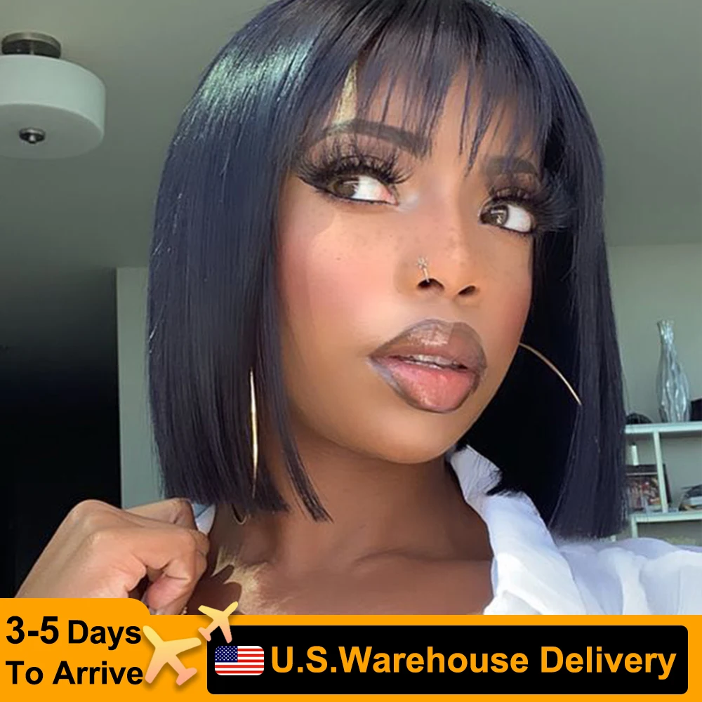 180 Density HD Natural Black Short Straight Bob Wigs Human Hair For women Lace Front Wigs Bob Wigs Lace Frontal Transparent