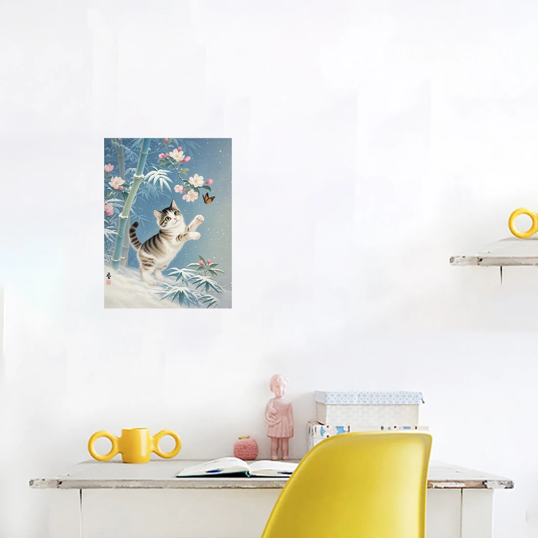 Three Ratels QHH115 Cute cat scratching butterfly watercolor self-adhesive wall sticker for children's bedroom decoration